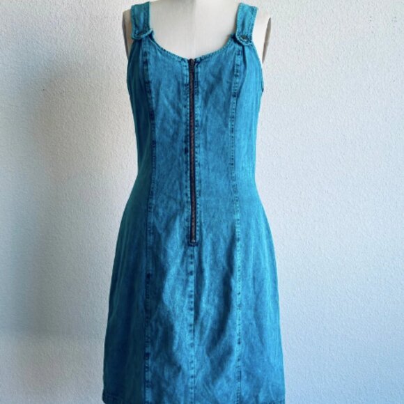 Vintage 80s Blue Turquoise Acid Wash Cutout Denim Dress - Picture 1 of 4